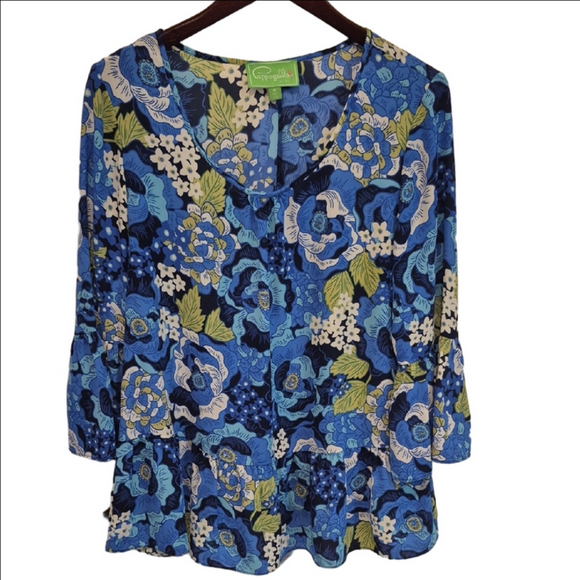 Pappagallo Tops - Pappagallo Vibrant Blue and Green Floral Top With Ruffle Sleeve And Hem